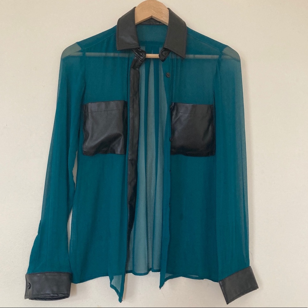 Sheer Teal Shirt with Leather Details - Size S